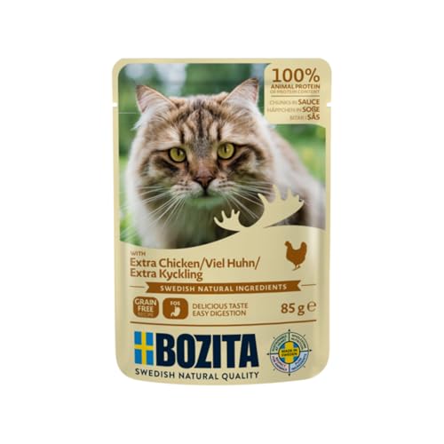 Bozita Nassfutter-Häppchen in Sauce mit viel Huhn - 12er-Pack 85g schmackhaftes Katzenfutter ohne Zucker - Futter für erwaschsene Katzen mit 8,5% Protein & 4,5% Fettgehalt, ohne Gentechnik