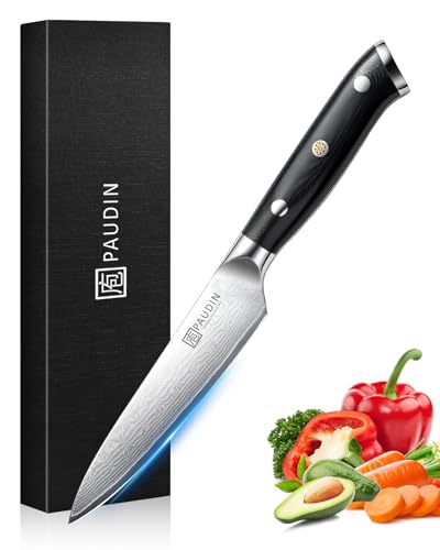PAUDIN Damastmesser 13 cm Allzweckmesser Chefmesser Kochmesser profi Küchenmesser scharfes Messer mit ergonomischem G10-Griff aus Damaststahl für Fisch Gemüse Obst Fleisch Brot Kuchen Käse