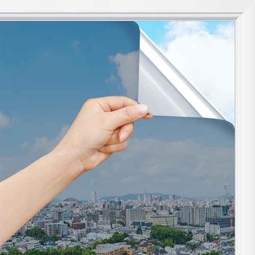 rabbitgoo Spiegelfolie Fenster Sichtschutz, Einseitig Fensterfolie Blickdicht von außen Silber 44,5x200cm, von innen durchsichtig Selbstklebend Sonnenschutzfolie UV Schutzfolie Sichtschutzfolie