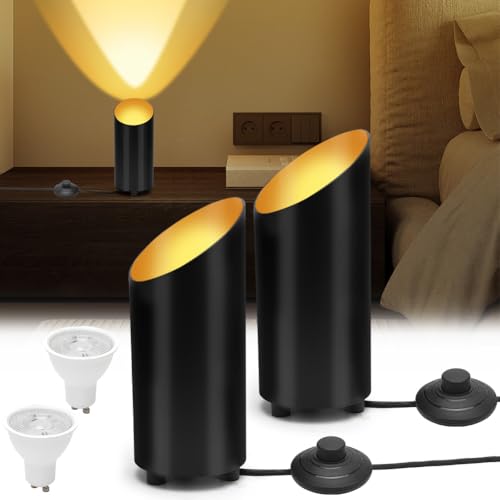 MIUUIPI 2 Stück LED Uplight Spot, Schwarz Bodenstrahler, 5W Uplight Spot für Innenräume, Bodenleuchte Innen mit Fußschalter, GU10 LED Lampen， Warmes Licht