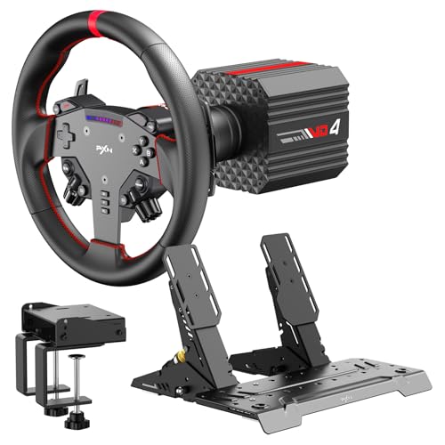 PXN VD4 Bundle Direct-Drive Gaming Lenkrad – 4 Nm Servo-Motor Basis, W AS Rennlenkrad, PD HM Bremse & Gaspedale, Tischklemme – Lenkrad kompatibel mit Windows-PC