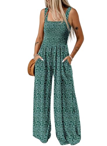 Dokotoo Jumpsuit Damen Sommer Blumenmuster Latzhose Casual Lose Overall Hohe Taille Ärmellos Playsuit Lang Romper Leicht Palazzo Sommerhose mit Träger, grün, M