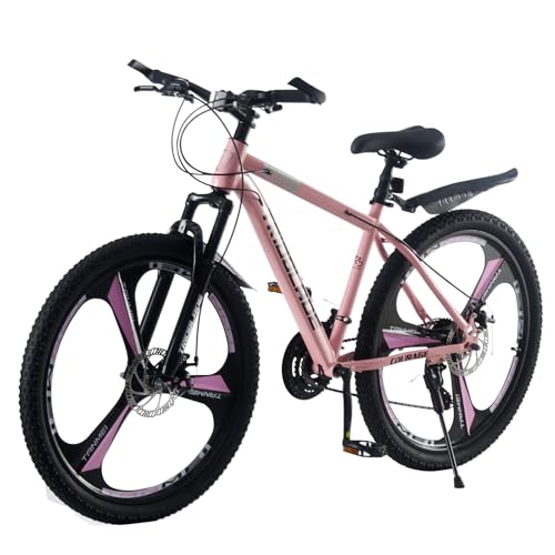 LSBIKE 24/26/27.5 Zoll Erwachsener Mountainbike,21-Gang Shimano Antriebssystem, Hardtail MTB mit Stoßdämpfer, Scheibenbremsen, Allterrain Mountain Bike für Herren & Damen (Rosa, 26 Zoll)