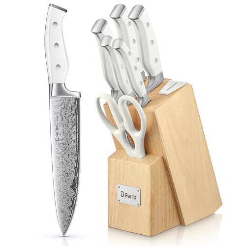 D.Perlla Messerblock mit Messerset, 7-TLG Selbstschärfender Messerblock, Scharf Edelstahl Messerset Set mit Kunststoff-Griff und Holzblock, Profi Küchenmesserset, Weiß