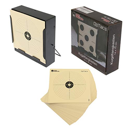 OpTacs - Kugelfang Scheibenkasten 14x14 cm Flach aus Metall inkl. 50 Zielscheiben für Luftgewehr Zielscheibe für Luftpistole mit Schießscheiben Target