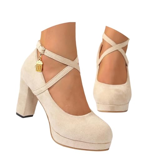 Chunky Pumps Damen Geschlossene Bequeme Spangenpumps Plateau Tanzschuhe Breite Füße Blockabsatz Hochzeiten Hochzeitsschuhe High-Heels für Hochzeiten und besondere Anlässe(02 Beige,38)