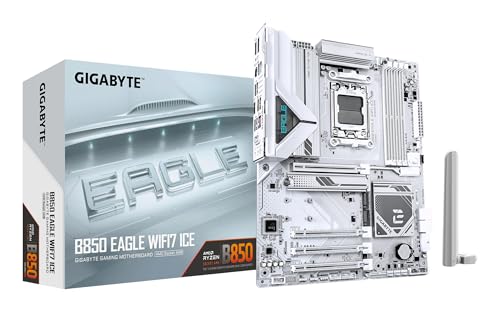 GIGABYTE B850 Eagle WIFI7 Ice Mainboard – AMD Ryzen 9000 Serie Prozessoren, digitales 8+2+2 Phasen VRM, bis zu 8200 MHz DDR5 (O.C.), 1x PCIe 5.0 + 2X PCIe 4.0 M.2, Wi-Fi 7, 2.5 GbE LAN, USB 3.2 Gen 2