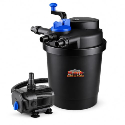 MAUK® Teichfilter Komplettset bis 6.000 l | Druckfilter mit 11 W UVC-Klärer und Reinigungskurbel | inkl. regulierbarer 2.400-l/h-Pumpe, Schläuchen und Bachlaufanschluss