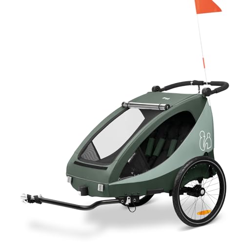 hauck Dryk Duo Plus, Dark Green - 2in1 Fahrradanhänger & Buggy mit Federung für 2 Kinder ab 6 Monaten bis 22 kg/120 cm/4 Jahren, Faltbar, XL Stauraum, für Fahrrad, E-Bike & Pedelec