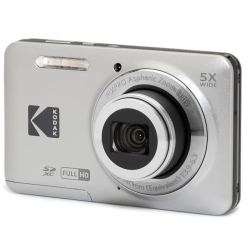 KODAK PIXPRO FZ55-GRY Digitalkamera mit 16-MP-CMOS-Sensor, 5-fach optischem Zoom, 28-mm-Weitwinkel, 1080P Full HD Video, 2,7-Zoll-LCD-Vlogging-Kamera, Grau