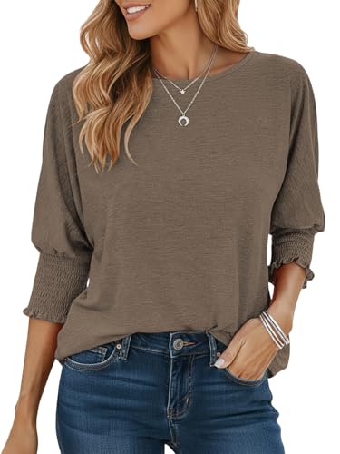 Cuptacc Damen Tshirt Basic Lässig Rundhals 3/4 Ärm Bluse Damen Komfort Stretchable Plissierte Bündchen Tunika Solid Color Lose Oberteil Kaffeegrau M