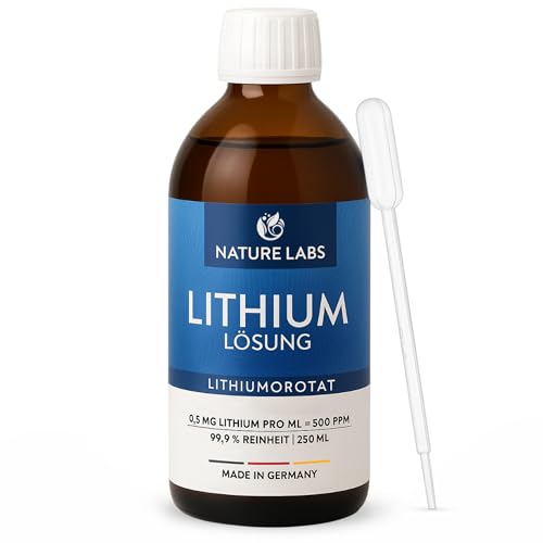 NATURE LABS Lithium Orotate Lösung 250ml – 99,9% Reinheit Lithiumorotate Fertiglösung – 0,5 mg Lithium je 1 ml (500 ppm) – Flüssiges Lithiumorotat in hochreiner Qualität mit Pipette - Made in Germany