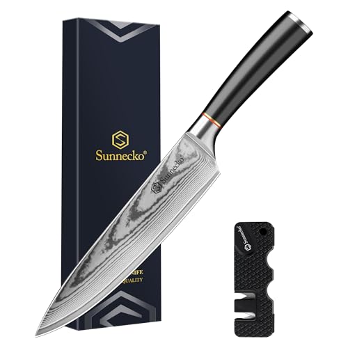 Sunnecko Damastmesser 20cm, Küchenmesser mit Scharfes Messer - Hochwertiges Damast Kochmesser für Profis & Hobbyköche - Scharfes Fleischmesser aus Damaststahl, Rostfrei & Langlebig, Perfekt Geschenk