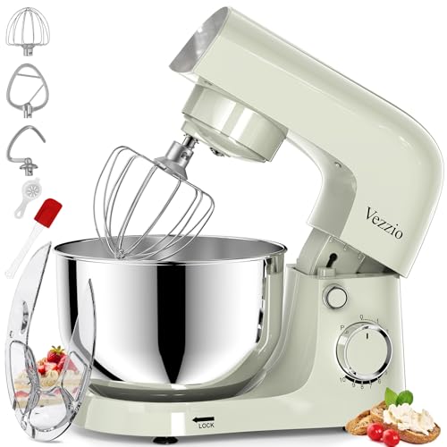 Vezzio Knetmaschine zum Backen, 1500 Watt Kompaktkneter, 10-stufiger geräuscharmer Teigkneter mit 4,5-Liter-Schüssel, inkl. Schneebesen, Knethaken, Rührbesen und Spritzschutz (Grün)