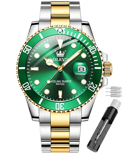 OLEVS Armbanduhr für Herren, wasserdicht, blaues Zifferblatt, luxuriös, zweifarbig, Edelstahl-Armbanduhr mit Tagesdatum, modisch, klassisch, Silberfarben/goldfarben/grünes Zifferblatt, Armband