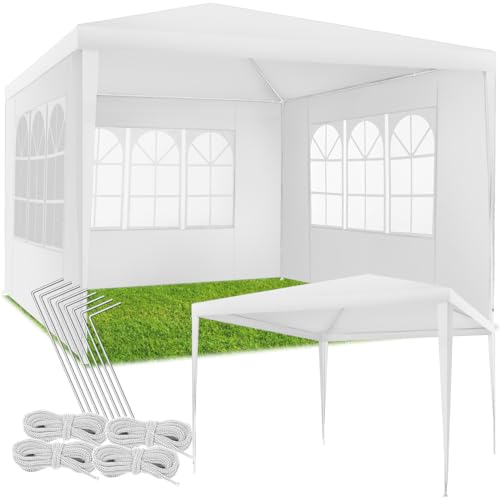 tectake® Pavillon 3x3 m mit verstärktem Gestell, Zelt groß, wasserdicht, Gartenpavillon, Partyzelt, Event Shelter, Festzelt, Gartenpavillon 3x3 m mit 3 Seitenwänden mit Fenstern, inkl. Heringe - weiß