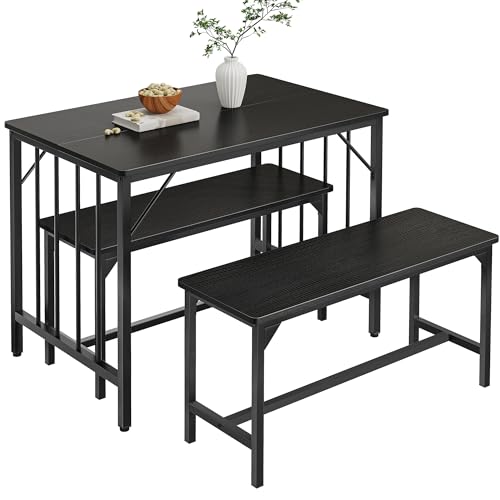 YITAHOME Esstisch und 2 Stühle Set, 3-teiliges Esszimmer-Set mit Bank, platzsparendes Frühstück Esstisch-Set, Esszimmermöbel für Küche, Wohnung, Schwarz