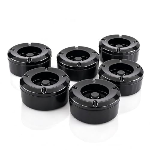 MC-Trend 6er Set Windaschenbecher schwarz mit Deckel, Aschenbecher für draußen aus Melamin, Sturmaschenbecher Outdoor für Balkon Garten Terrasse Gastronomie, mit Gluttöter, abschraubbar, Ø 10 cm