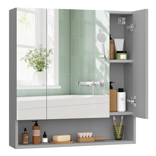 VASAGLE Kailyn Kollektion - Badezimmerschrank mit 3 Türen, Spiegelschrank, Badschrank, offenes Fach, verstellbare Ablagen, 16,5 x 70 x 75 cm, Taubengrau BBK129G01