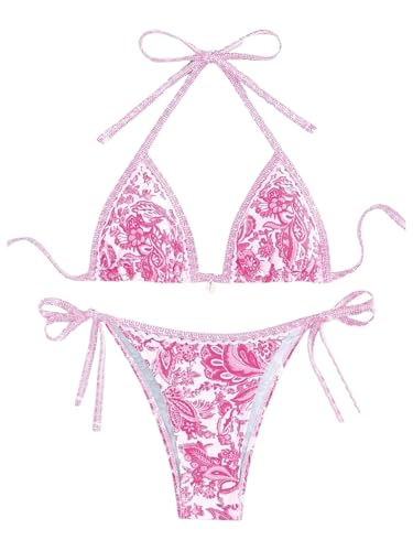 BYFINECANY Damen-Badeanzug, Blumenmuster, Neckholder, Paisleymuster, Sommer-Badeanzug, Bikinis-Set, Pink, S