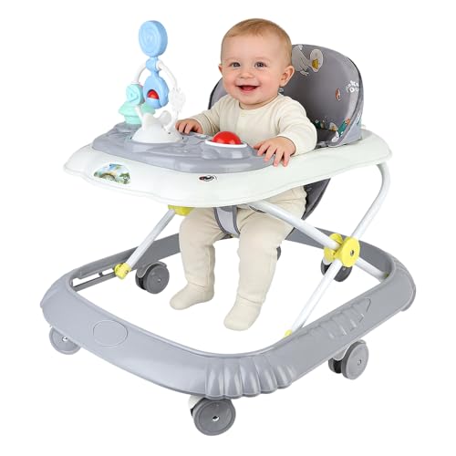 Lauflernhilfe 4 in 1, faltbar, für Babys, mit interaktivem Spielbrett mit Geräuschen, kippsichere Basis, Rollen aus Silikon und 4 Höhenpositionen, von 6 bis 18 Monaten (Grau, 67 x 72 x 92 cm)