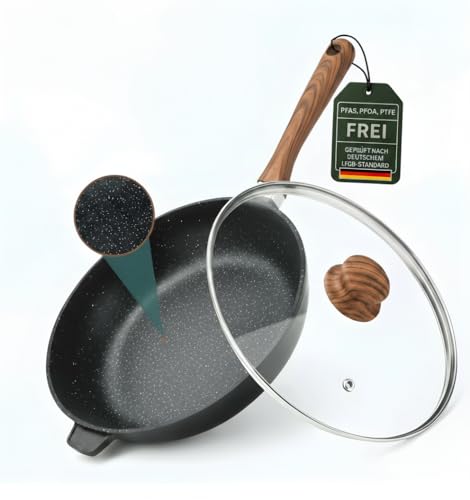 GOOLDMANN Tiefe Bratpfanne 28 CM mit Glasdeckel – Gusseisen-Aluminium Pfanne mit Keramik-Marmor Antihaftbeschichtung, Induktionsgeeignet, Spülmaschinenfest & PFOA-Frei