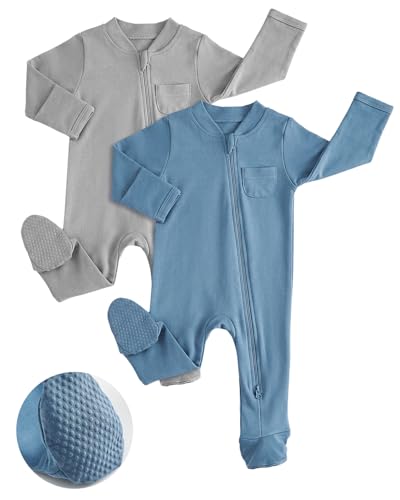 JiAmy Baumwolle Baby Schlafanzug 2er-Pack, Langarm Neugeborene Baby Jungen Mädchen Strampler Babykleidung Bekleidung Blaugrau 0-3 Monate