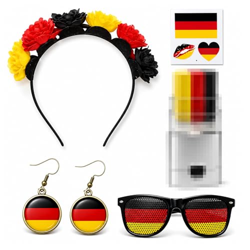 Deutschland Fanartikel Damen Set 5 Teilig, Trikot 2026 Deutschlan 2026, Fanartikel Deutschland mit Haarreif Ohrringe Sonnenbrille Aufkleber und Vieles Mehr, Deutschland Deko für Fußball Party 2026