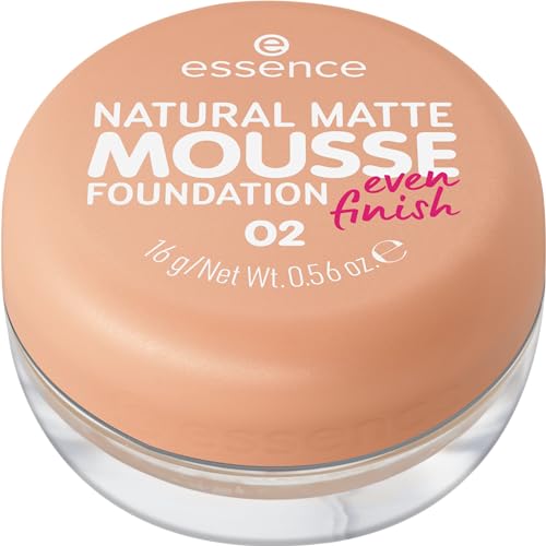 essence NATURAL MATTE MOUSSE FOUNDATION 02 Warm Beige, Mousse Make-up, mattierend, mittlere Deckkraft, natürlich schöner Teint, 16 g