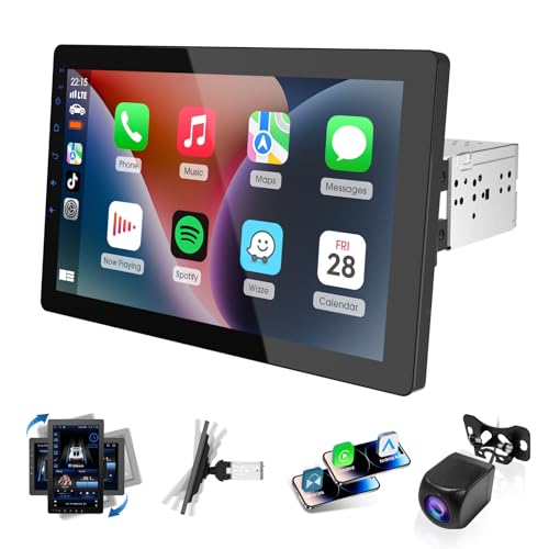 Haudio 1Din Autoradio, mit 10.1 Zoll drehbar Bildschirm,Kompatibel mit Wireless Apple CarPlay und Android Auto,Car Play IPS Touch Screen,1080P-Rückfahrkamera,Bluetooth 5.0,GPS-Navigation,FM/AM/RDS