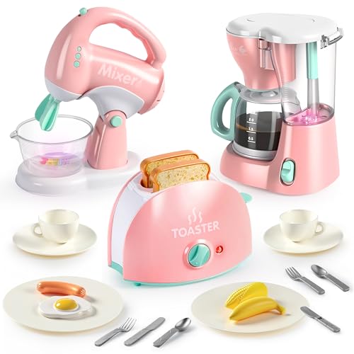 JOYIN Küchengeräte Spielzeug für Kinder,Spielküche Zubehör Set,realistischen Lichtern & Geräuschen,Rollenspiel Küchenspielzeug, Geschenk für Jungen und Mädchen im Alter von 3-8 Jahren (Rosa)