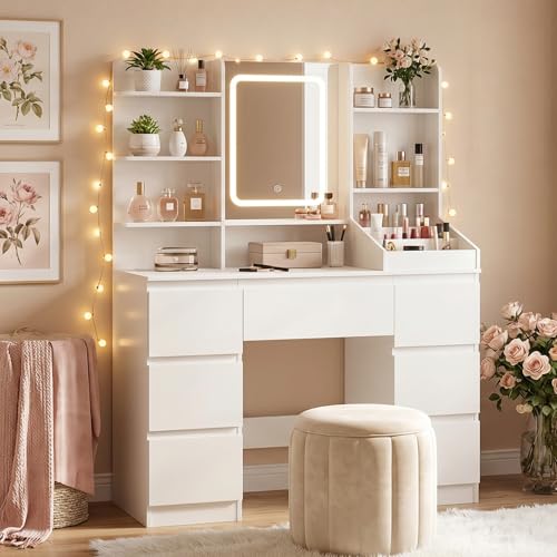 HOOBRO Schminktisch mit Ladestation (2X Steckdose, 1x USB-A, 1x Typ C), Schminktisch mit LED-Licht, 7 Schubladen, 5 offenen Fächern, inkl. Spiegel, für Schlafzimmer, Ankleidezimmer, Weiß