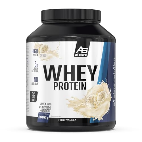 ALL STARS 100% Whey Protein Pulver 2000g Milky Vanilla - Cremiger Shake mit bis zu 80% Eiweiß, Enthält wertvolle Aminosäuren, Fettarm & kohlenhydratarm