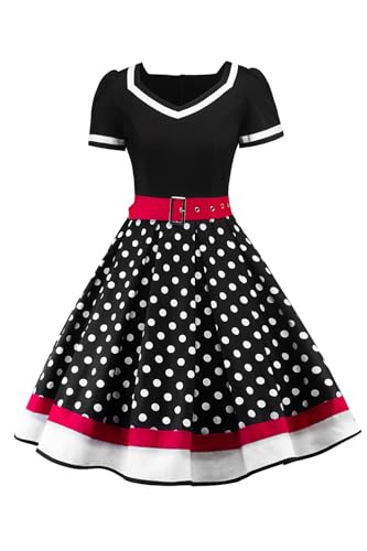 AXOE Damen 50er Jahre Kleider Rockabilly Vintage Festliches mit Abnehmbarer Gürtel A LinieSchwarz Weiß Gepunktet, Gr.38, M