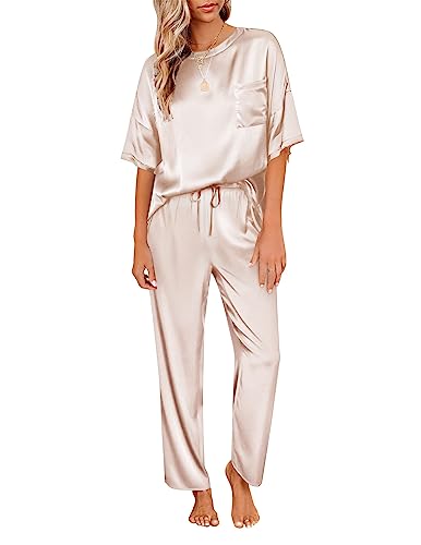 Ekouaer Zweiteiler Damen Schlafanzug Satin Pyjama Lang Nachtwäsche Lang Hose Hausanzug Kurzarm Pyjama Set Rundhals Sommer, Champagner, M