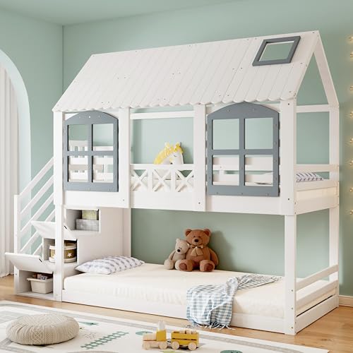Merax Etagenbett 90x200cm, Kinderbett Hochbett für 2 Kinder, Baumhausbett mit Rausfallschutz & Lattenrost, Hausbett mit Dach & Fenster, Platzsparendes Stockbett mit Stauraumtreppe, Jugendbett, Weiß