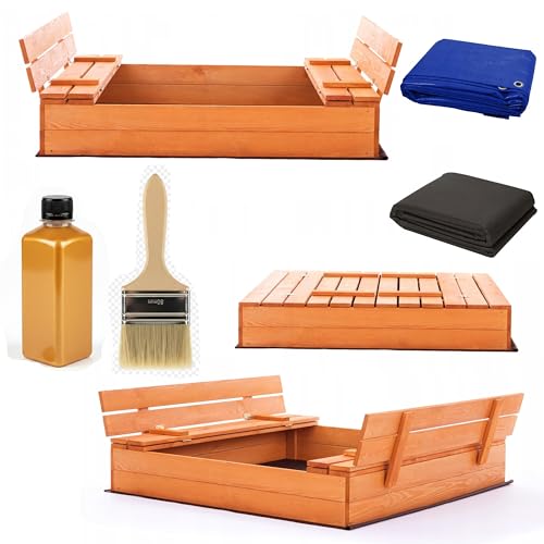 Sandkasten 120x120 Imprägniert Premium Sandbox mit Premium Wasserfeste Abdeckung Oxford Sitzbänken Deckel Sandkiste Holz Kiefer Sandkastenvlies