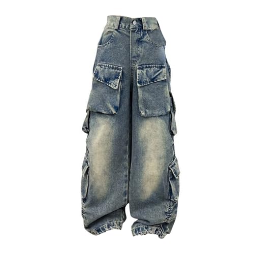 Mädchen Cargo Jeans Baggy Weite Beine Y2K Vintage High Waist Gerade Schnitt Viele Taschen Hip Hop Streetwear Oversized Denim Hose Kinder Teenager Trend Casual Grunge Kleidung (Blue, 13-14 Years)