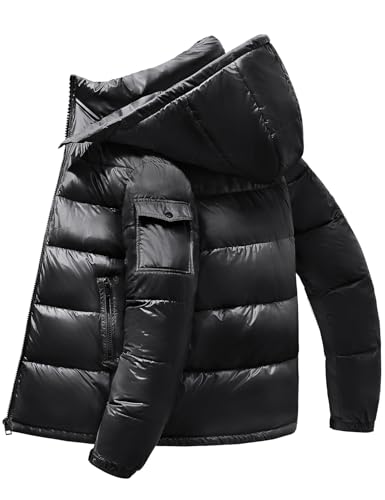 heekpek Herren Winterjacke Outdoor Steppjacke Herren Parka Jacken Männer Warme Winddicht Wasserdicht Puffer wintermantel mit Kapuze, Glänzendes Schwarz, L