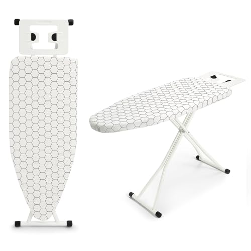 Trintion Bügelbrett 110 x 38 x 64-77 cm 6-Fach höhenverstellbar rutschfeste Gummifüße Baumwollbezug mit Bügeleisenablage Tischplatte Universalbügelbretter Bügelbrettablage (Weißes Quadratmuster)