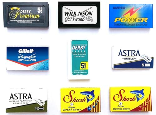 50 Rasierklingen für Rasierhobel, Astra-Derby-Shark-Permasharp, Rasierklingen Set, 9 verschiedene Klingentypen