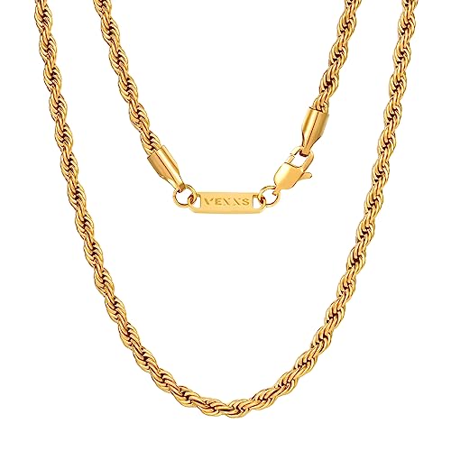 VEXXS Goldkette, 18 Karat Vergoldet 3/5mm Edelstahl Kette, Goldkette für Herren und Damen, Schmuck Geschenk, 46-66cm