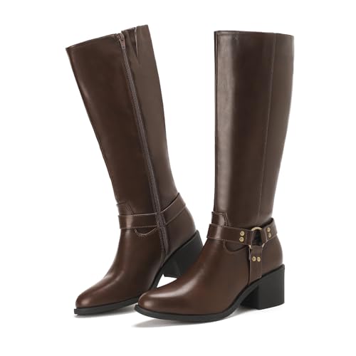 Putu Damen Stiefel weiter Schaft Blockabsatz Reißverschluss Braun 39