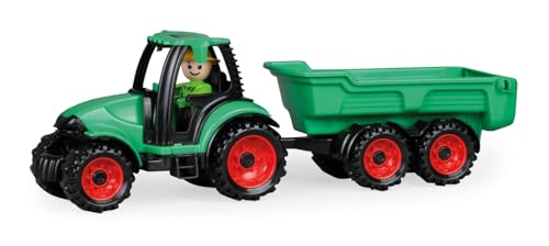 Lena Truckies Traktor mit Anhänger 38 cm, grün, Robustes Sandkasten Spielzeug mit abnehmbaren Anhänger, klappbare, Fahrerhaus, Kippmulde & Spielfigur, für Kinder ab 2 Jahren,