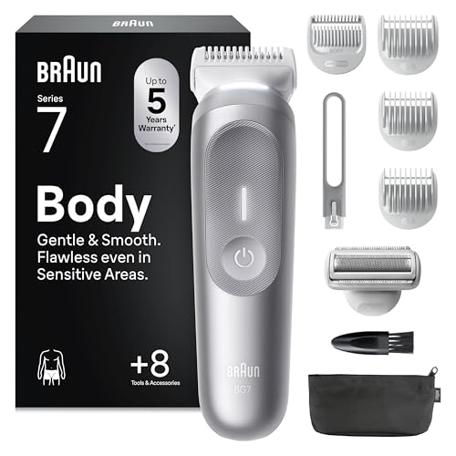 Braun Bodygroomer Series 7, Elektrischer Körperrasierer Herren mit 8 Zubehörteile, Kabelloser Trimmer für Intimbereich und Körper, 100 Min Akku, Wasserdichter Körperhaartrimmer, BG7555, Grau