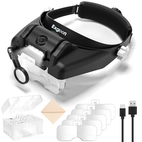Exgoon Lupe mit Licht, 1- bis 14-fache Vergrößerung, Lupenbrille mit 6 abnehmbaren Linsen, freihändige wiederaufladbare Stirnbandlupe zum Modellbau, Juweliere, Basteln, Detailarbeit (Schwarz)