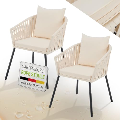 Juskys Rope Gartenstühle 2er Set wetterfest - bis 160 kg belastbar - Sitz- & Rückenkissen aus Polyester - 2 Stühle aus Stahl & Polypropylen für Garten, Terrasse & Balkon - Beige