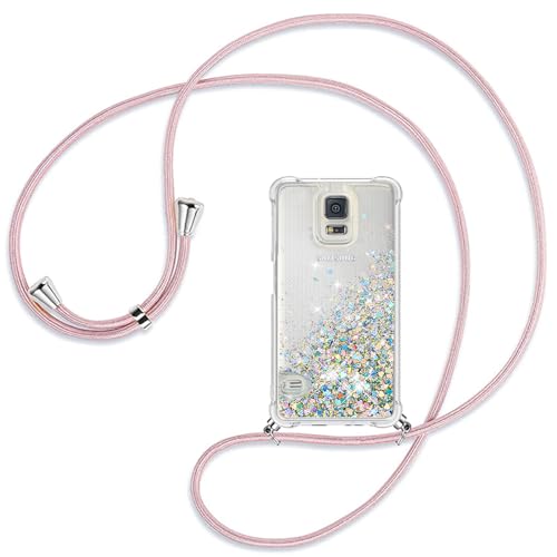 Ptny Handykette kompatibel mit Samsung Galaxy S5 Smartphone Necklace Hülle mit Band, Schnur mit Case zum umhängen Stylische Kordel Kette, Kristallklare Handyhülle zum Umhängen in Roségold