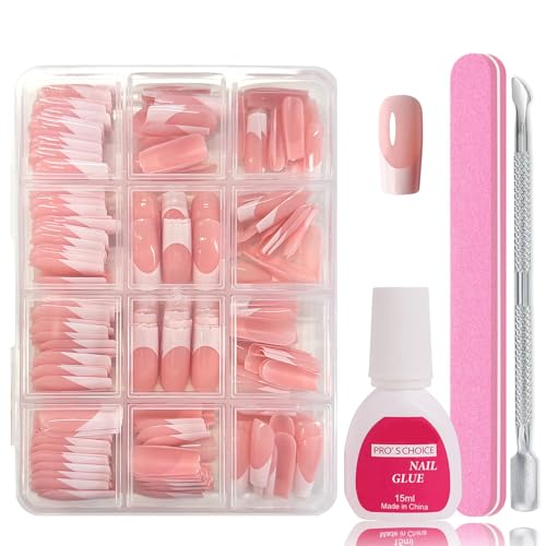 Falsche Nägel Tips Set - 240 Stück Französisch Falsche Nägel Zum Aufkleben - Künstliche Nägel Kurz Quadrat Nail Art Manicure Fake Nails für Damen und Frauen (Medium Long French)