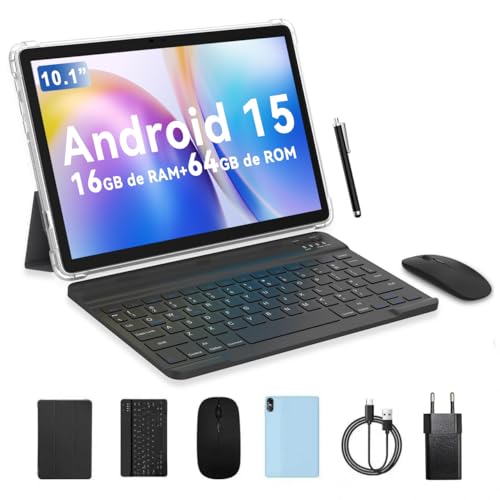 PRITOM 10 Zoll Tablet, 6-in-1 Tablets, 16 GB, 64 GB ROM, Android 15, 1024GB Expand,Qcta core, WiFi 6, 6000 Mah, Tablet PC mit Tastatur, Maus, Case,Grau